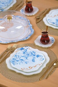 Blue Gold 34 Parça 6 Kişilik Altın Yaldızlı Pasta Servis Takımı - Glore