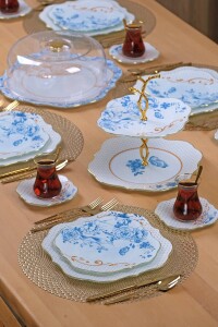 Blue Gold 6 Parça 6 Kişilik Altın Yaldızlı Pasta Takımı - Pasta Tabağı - 3