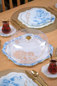 Blue Gold Altın Yaldızlı Kapaklı Kek Fanus - Pasta Sunum Standı - Glore