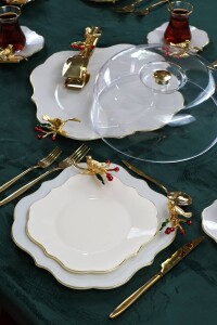 Dolmabahçe Lotus Japon Güllü Kuşlu 34 Parça 6 Kişilik Altın Yaldızlı Pasta Servis Takımı - 1