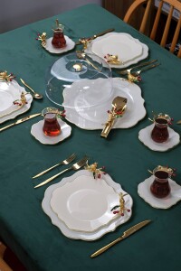 Dolmabahçe Lotus Japon Güllü Kuşlu 34 Parça 6 Kişilik Altın Yaldızlı Pasta Servis Takımı - 3