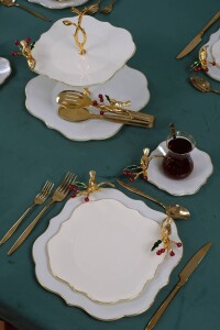 Dolmabahçe Lotus Japon Güllü Kuşlu 34 Parça 6 Kişilik Altın Yaldızlı Pasta Servis Takımı - Glore (1)