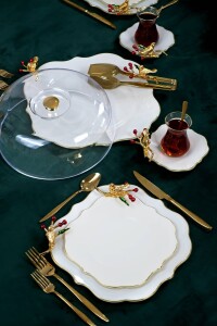 Dolmabahçe Lotus Japon Güllü Kuşlu 34 Parça 6 Kişilik Altın Yaldızlı Pasta Servis Takımı - 5