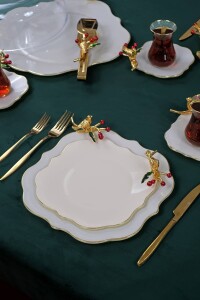 Dolmabahçe Lotus Japon Güllü Kuşlu 34 Parça 6 Kişilik Altın Yaldızlı Pasta Servis Takımı - 7