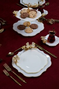Dolmabahçe Lotus Taşlı Kelebek 34 Parça 6 Kişilik Altın Yaldızlı Pasta Servis Takımı - 5
