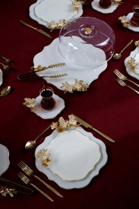 Dolmabahçe Lotus Taşlı Kelebek 34 Parça 6 Kişilik Altın Yaldızlı Pasta Servis Takımı - 6