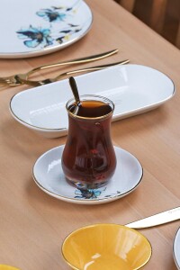 Glore Aslya Blue Flower 12 Parça 6 Kişilik Altın Yaldızlı Seramik Çay Takımı - Glore