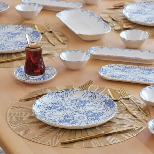 Glore Asya Blue Cycle Altın Yaldızlı 41 Parça 6 Kişilik Seramik Kahvaltı Takımı - Glore