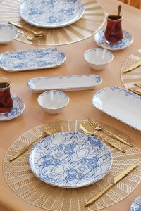 Glore Asya Blue Cycle Altın Yaldızlı 41 Parça 6 Kişilik Seramik Kahvaltı Takımı - 9