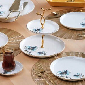 Glore Asya Blue Flower Altın Yaldızlı 27 Parça 6 Kişilik Seramik Çay Zamanı Takımı - Glore