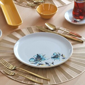 Glore Asya Blue Flower Altın Yaldızlı 32 Parça 6 Kişilik Seramik Kahvaltı Takımı - Glore