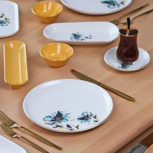 Glore Asya Blue Flower Altın Yaldızlı 41 Parça 6 Kişilik Seramik Kahvaltı Takımı - Glore
