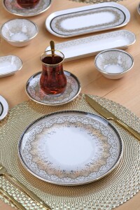 Glore Asya Latte 32 Parça 6 Kişilik Altın Yaldızlı Seramik Kahvaltı Takımı - 1