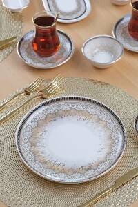 Glore Asya Latte 32 Parça 6 Kişilik Altın Yaldızlı Seramik Kahvaltı Takımı - 7