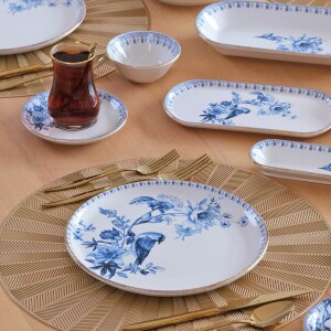 Glore Asya Mavi Kuş Altın Yaldızlı 41 Parça 6 Kişilik Seramik Kahvaltı Takımı - Glore