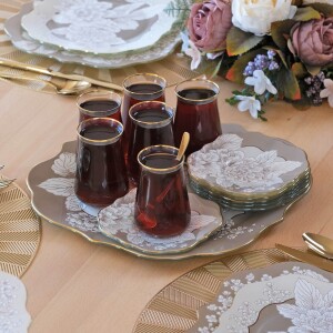 Glore Belize Altın Yaldızlı Cam Tepsi - Glore