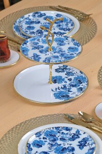 Glore Blue Rose Altın Yaldızlı 6 Kişilik 28 Parça Pasta Çay Servis Takımı - 6
