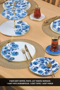 Glore Blue Rose Altın Yaldızlı 6 Kişilik 28 Parça Pasta Çay Servis Takımı - Glore