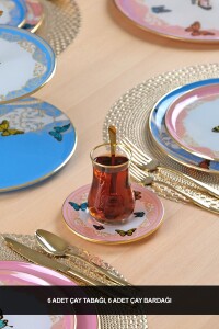 Glore Butterfly Effect Altın Yaldızlı 12 Parça 6 Kişilik Cam Çay Takımı - Glore