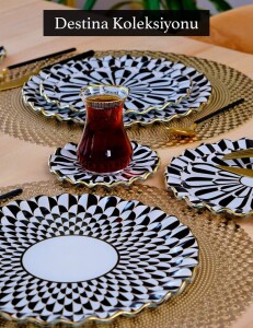 Glore Destina Siyah Altın Yaldızlı 6 Kişilik 26 Parça Pasta Çay İkram Takımı - 11
