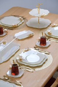 Glore Dolmabahçe Lotus Krem Altın Yaldızlı 6 Kişilik 12 Parça Cam Çay Takımı - 7