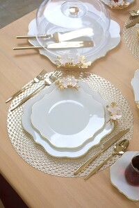 Glore Dolmabahçe Lotus Krem Altın Yaldızlı 6 Kişilik 34 Parça Pasta Servis Takımı - 4