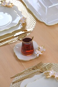 Glore Dolmabahçe Lotus Krem Altın Yaldızlı 6 Kişilik 34 Parça Pasta Servis Takımı - 7