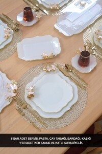 Glore Dolmabahçe Lotus Krem Altın Yaldızlı 6 Kişilik 34 Parça Pasta Servis Takımı - Glore
