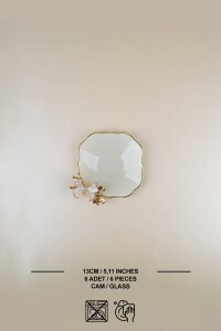 Glore Dolmabahçe Lotus Krem Altın Yaldızlı 6 Kişilik 6 Parça Cam Çay Tabağı Takımı - 1