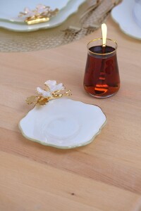 Glore Dolmabahçe Lotus Krem Altın Yaldızlı 6 Kişilik 6 Parça Cam Çay Tabağı Takımı - 2