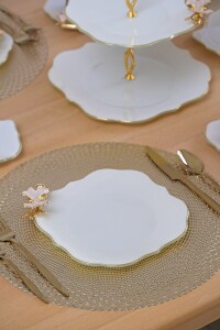 Glore Dolmabahçe Lotus Krem Altın Yaldızlı 6 Kişilik Cam Pasta Tabağı Takımı - 3