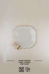 Glore Dolmabahçe Lotus Krem Altın Yaldızlı 6 Kişilik Cam Pasta Tabağı Takımı - Glore