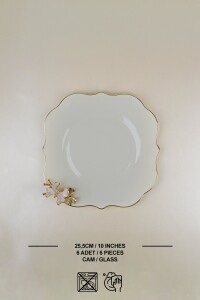 Glore Dolmabahçe Lotus Krem Altın Yaldızlı 6 Kişilik Cam Servis Tabağı Takımı - Glore