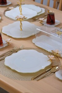 Glore Dolmabahçe Lotus Krem Altın Yaldızlı 6 Kişilik Cam Servis Tabağı Takımı - Glore (1)