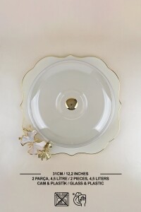 Glore Dolmabahçe Lotus Krem Altın Yaldızlı Cam Kek Fanusu - Glore