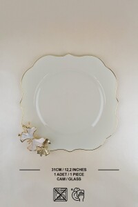 Glore Dolmabahçe Lotus Krem Altın Yaldızlı Cam Tepsi - Glore