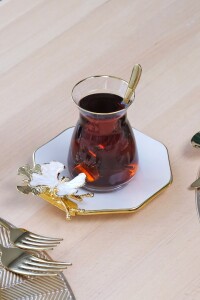 Glore Dolmabahçe Sekizgen Krem 6 Kişilik Altın Yaldızlı Cam Çay Tabağı Takımı - 3