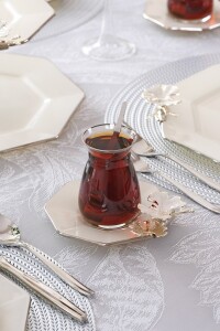 Glore Dolmabahçe Sekizgen Krem 6 Kişilik Platin Yaldızlı Cam Çay Tabağı Takımı - 3