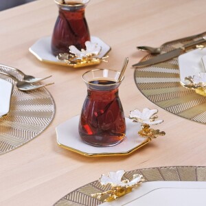 Glore Dolmabahçe Sekizgen Krem Altın Yaldızlı 12 Parça 6 Kişilik Cam Çay Takımı - Glore