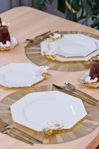 Glore Dolmabahçe Sekizgen Krem Altın Yaldızlı 6 Kişilik 34 Parça Pasta Servis Takımı - 9
