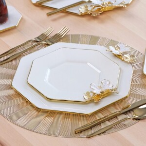Glore Dolmabahçe Sekizgen Krem Altın Yaldızlı 6 Kişilik 34 Parça Pasta Servis Takımı - Glore