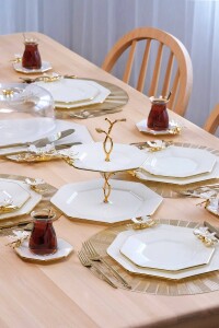 Glore Dolmabahçe Sekizgen Krem Altın Yaldızlı 6 Kişilik 34 Parça Pasta Servis Takımı - Glore (1)