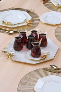Glore Dolmabahçe Sekizgen Krem Altın Yaldızlı 6 Kişilik 34 Parça Pasta Servis Takımı - 8