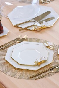 Glore Dolmabahçe Sekizgen Krem Altın Yaldızlı 6 Kişilik Cam Pasta Tabağı Takımı - 8