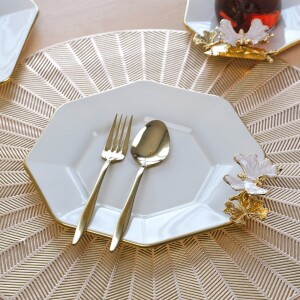 Glore Dolmabahçe Sekizgen Krem Altın Yaldızlı 6 Kişilik Cam Pasta Tabağı Takımı - Glore