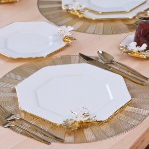 Glore Dolmabahçe Sekizgen Krem Altın Yaldızlı 6 Kişilik Cam Servis Tabağı Takımı - Glore