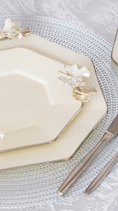 Glore Dolmabahçe Sekizgen Krem Platin Yaldızlı 6 Kişilik 34 Parça Pasta Servis Takımı - 6