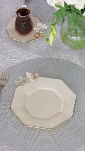 Glore Dolmabahçe Sekizgen Krem Platin Yaldızlı 6 Kişilik Cam Pasta Tabağı Takımı - 4