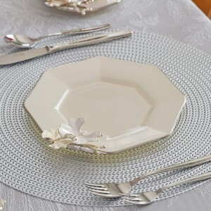 Glore Dolmabahçe Sekizgen Krem Platin Yaldızlı 6 Kişilik Cam Pasta Tabağı Takımı - Glore