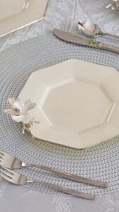 Glore Dolmabahçe Sekizgen Krem Platin Yaldızlı 6 Kişilik Cam Pasta Tabağı Takımı - 3